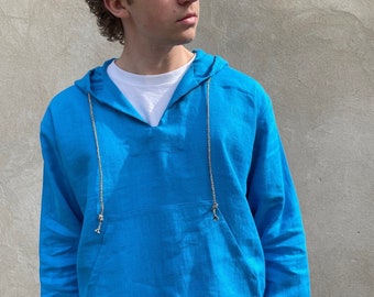 Turquoise Blue  Mens Linen Hoodie with Front Pocket. Lightweight  Linen Hoodie for Men. Linen Hoodie Jacket. Custom Linen Leisure Wear.