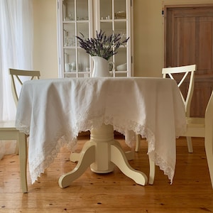 Linen Tablecloth with Lace, Milk White Linen Tablecloth, Milk White Lace Tablecloth, Large Square Linen Tablecloth, Large Tablecloth image 9