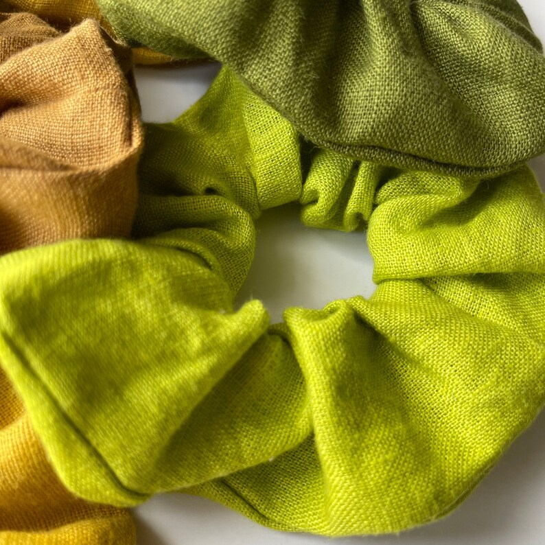 Ready to Ship. Set of 5 Different Color Linen Scrunchies Moss Green. Lime Green. Curcuma Yellow. Caramel. Mustard Yellow zdjęcie 7