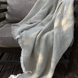 Handmade Beige Linen Waffle Throw Blanket with Fringes