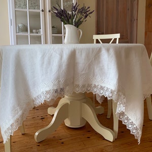 Linen Tablecloth with Lace, Milk White Linen Tablecloth, Milk White Lace Tablecloth, Large Square Linen Tablecloth, Large Tablecloth image 8