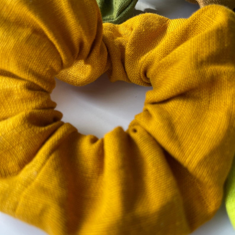 Ready to Ship. Set of 5 Different Color Linen Scrunchies Moss Green. Lime Green. Curcuma Yellow. Caramel. Mustard Yellow zdjęcie 5