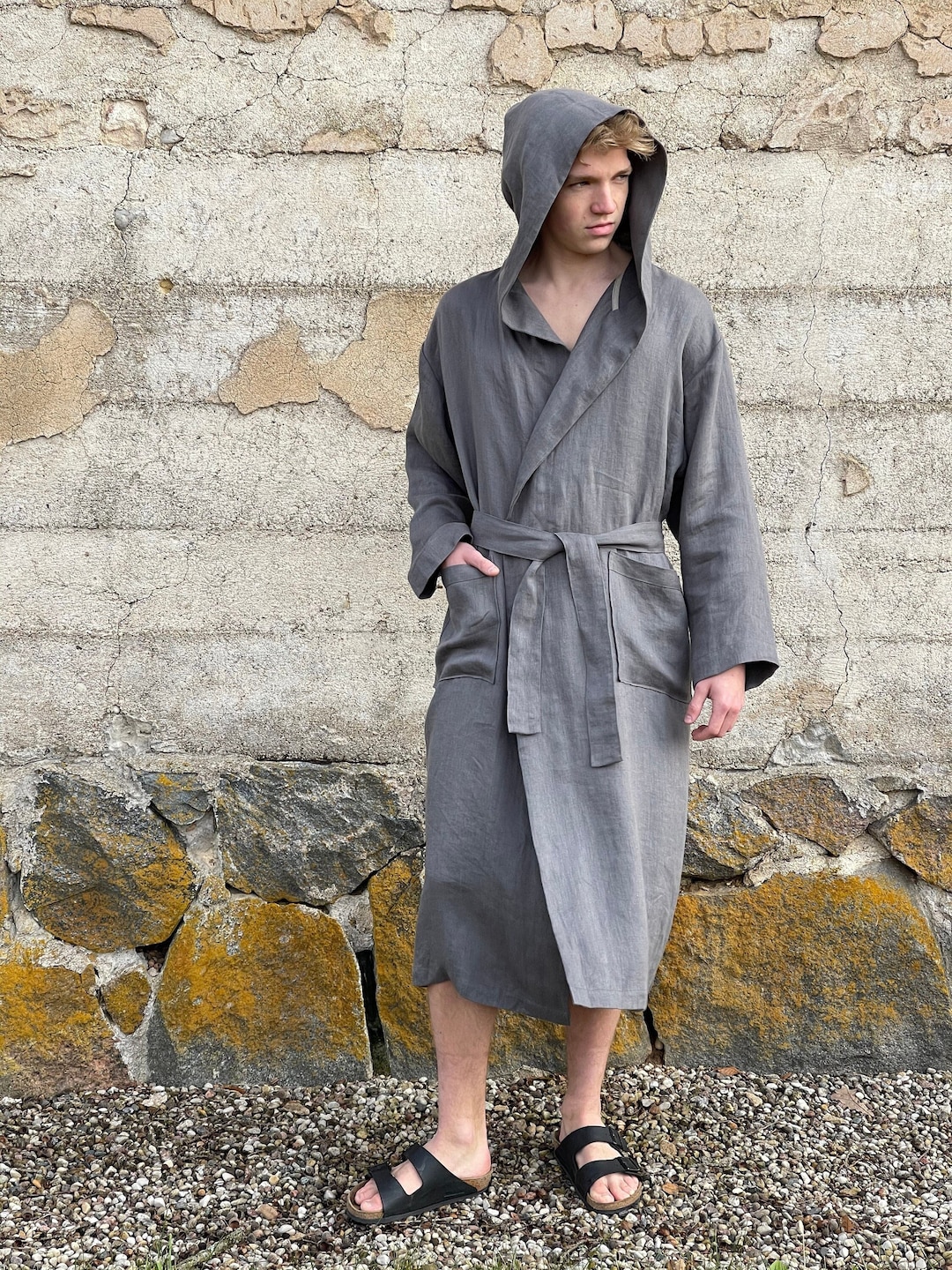 Mens Linen Robe With Hood / Plus Size Robe With Tie Belt / Etsy