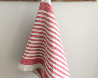 Striped Kitchen Towel, Linen Tea Towel, Handmade Linen Dish Towel, Red Beige Striped Linen Tea Towel