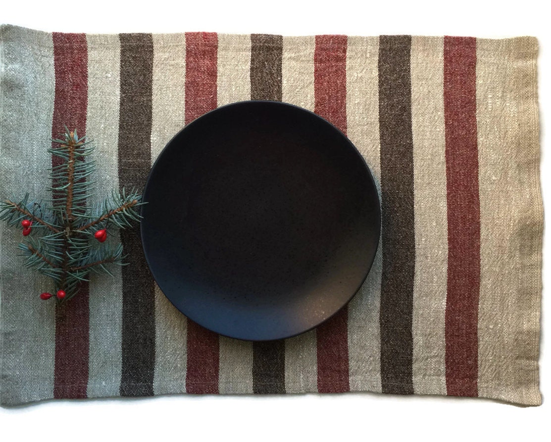 Brown, Red and Beige Striped Placemats Set, Christmas Linen Placemats