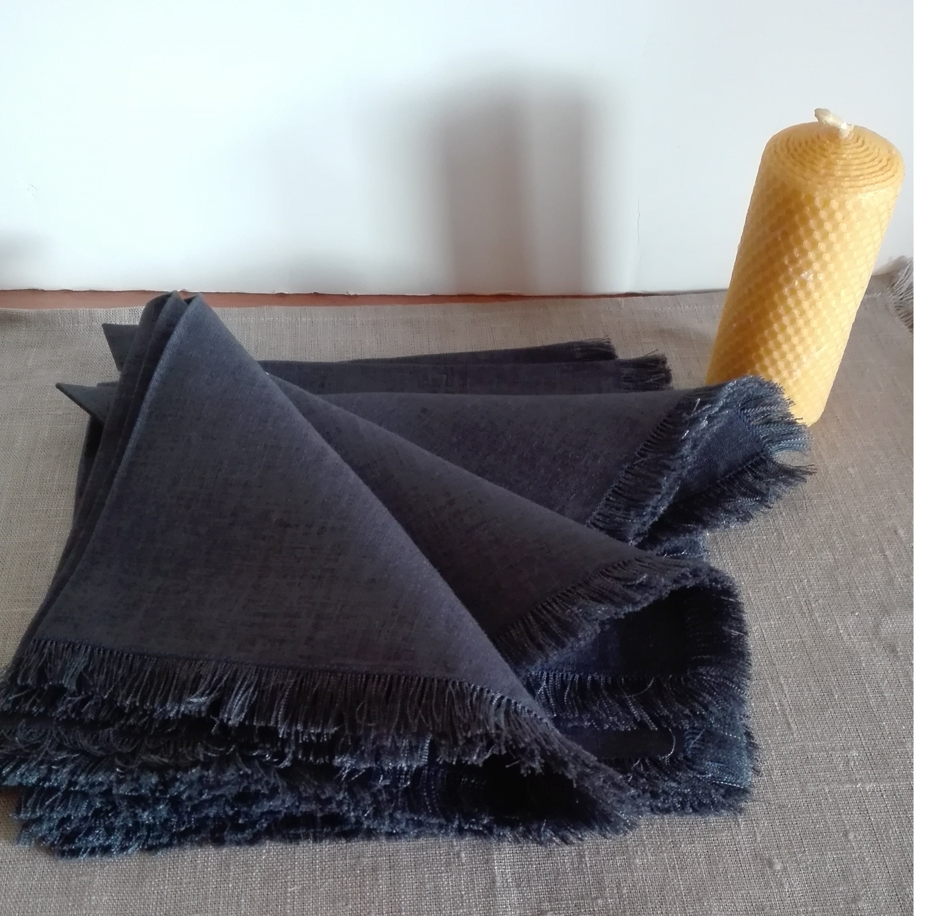 Dark Blue Napkins, A set 6 Blue Linen Napkins with Fringes, Cloth