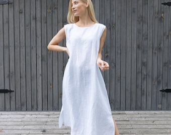 Linen dress with a Round Neckline and Side Slits without Sleeves / Available in Many Colors / Tailor Made Dress for Each of You
