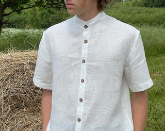 White Linen Shirt MARK, Linen Shirt with Buttons, Men's Shirt, Half Sleeve Shirt, Gift, Summer Linen Shirt