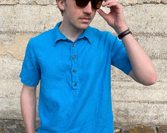Turquoise Linen Men's Short Sleeve Shirt with Buttoned Neck – Casual Lightweight Summer Top