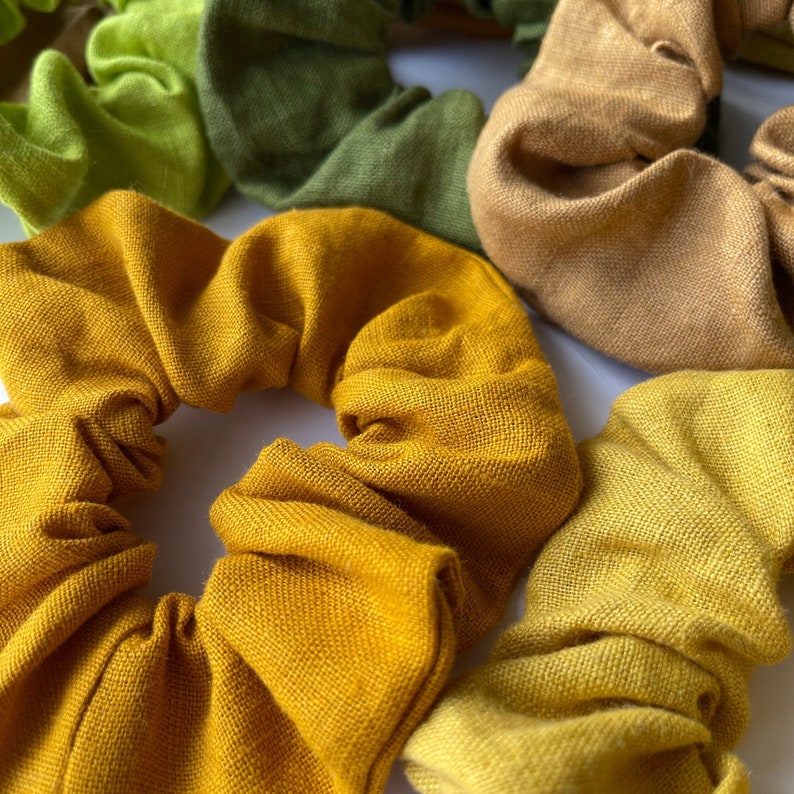 Ready to Ship. Set of 5 Different Color Linen Scrunchies Moss Green. Lime Green. Curcuma Yellow. Caramel. Mustard Yellow zdjęcie 2