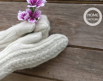 Hand Knitted Merino Wool Mittens, Cable Knit, Soft Winter Gloves