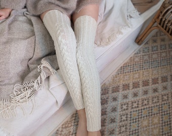 Merino wool extra long hand knitted original pattern leg warmers, Yoga gift