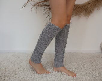 Calentadores de piernas de lana merino gris de punto, Leggings de lana orgánica de punto, Calentadores de piernas de punto, Accesorios de punto para mujer