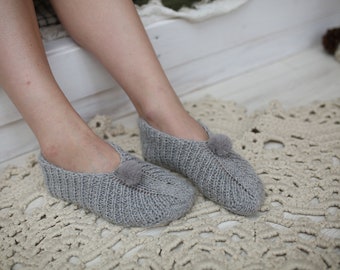 Merino wool hand knitted cozy home slippers, Gift for her, Christmas gift
