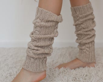 Hand Knitted Merino Wool Leg Warmers, Ivory Cable Knit