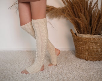 Toeless Yoga socks-soft and stylish original pattern long merino wool yoga socks, Chunky leg warmers, Hand knitted dance socks, Woolen tight
