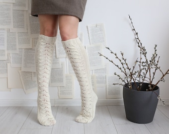 Hand knitted knee long merino wool  home socks, Gift Mothers day, Valentines gift