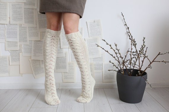 Hand Knitted Knee Long Merino Wool Socks, Home Socks, Hygge Socks