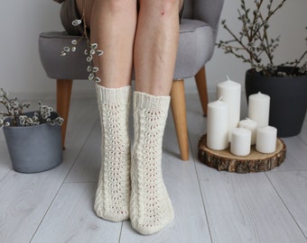 Women hand knitted merino wool Cable socks, Gift for her