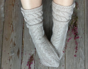 Merino wool hand knit socks, Original cable pattern home wear, Knitted gift for Mom