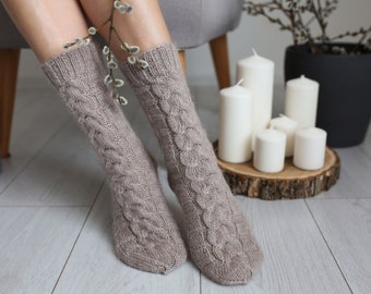 Soft and stylish original pattern merino wool socks, natural wool hand knitted socks, warm socks for her, for him - home or bed socks