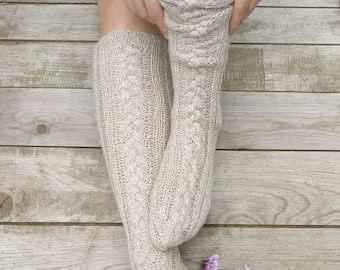 Calcetines largos hasta la rodilla de lana merino tejidos a mano, regalo de San Valentín, regalo de Navidad