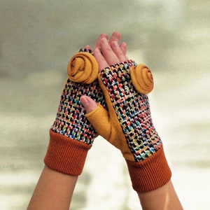 Womens Fingerless Gloves: Acrylic Winter Mittens with Rosette