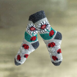 Warm Merino Wool Socks: Knitted Winter Socks with Ladybugs