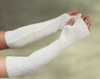 Wool long gloves, Fingerless gloves, White long gloves, Winter womens gloves, Warm knitted gloves, Womens trendy gloves, Wool knit gloves