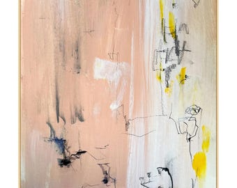 Abstrakte Malerei, Rosa & Gelbe zeitgenössische Wandkunst, Neutrale Leinwand, modernes abstraktes Kunstwerk, Giclée-Leinwanddekor