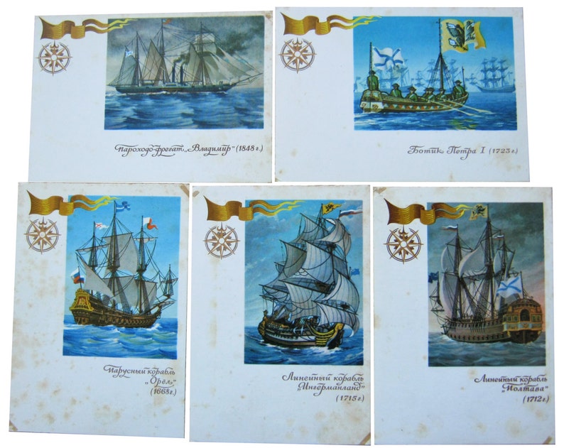 Set of 5 postcards Russian fleet Sailing ship Marine schooner sailboat Maritime collectibles Battleship cruiser Marine military War vessel