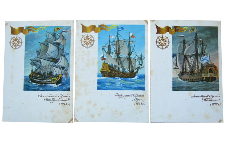 Set of 5 postcards Russian fleet Sailing ship Marine schooner sailboat Maritime collectibles Battleship cruiser Marine military War vessel