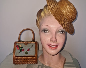 50s Original, lovely rattan, straw and felt fruit handbag, square minibasket.