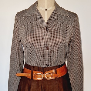 Camicia stile vintage anni ’40 in lana a quadri marrone, maniche lunghe, bottoni in bachelite S
