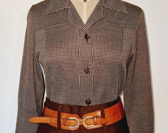 Camicia stile vintage anni '40 in lana a quadri marrone, maniche lunghe, bottoni in bachelite S