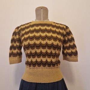 May include: A brown and beige striped sweater with a scalloped pattern. The sweater has short sleeves and a round neckline.
