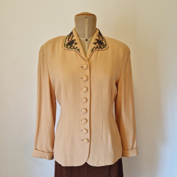 50s, Late 40s Vintage jacket rayon crepe light ye… - image 1