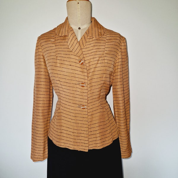 Giacca vintage originale anni '50 dal nuovo look, in lino a righe arancioni, colletto tondo S
