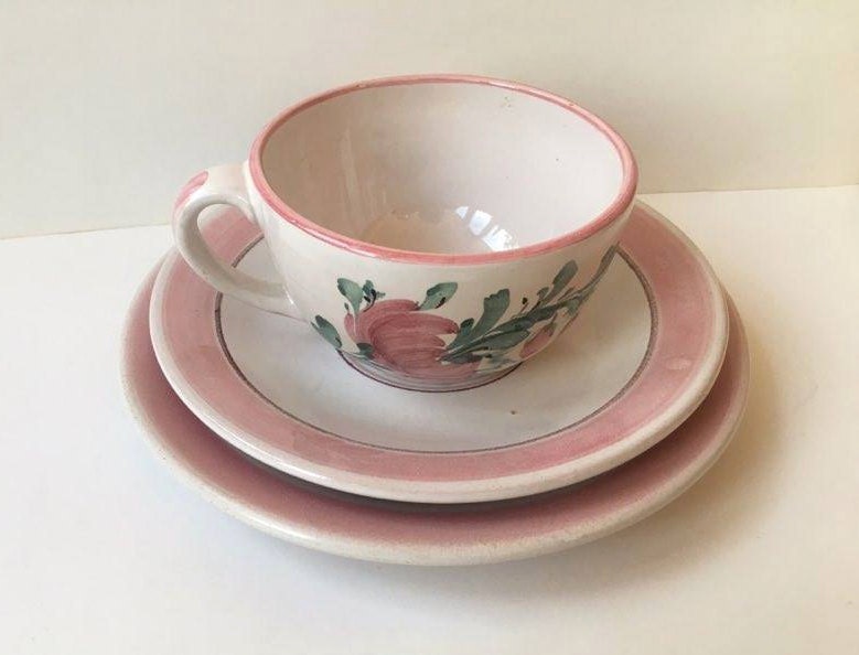 Hedebo Danemark Tasse en Céramique Peinte à La Main, Lars Syberg White Pink Trio Petit-Déjeuner Ense