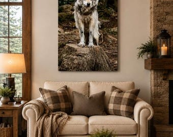 Grey Wolf Wall Art Canvas, Wolf Photography Print, Wildlife Canvas, Cabin Wall Decor, Wolf Lover Gift, Rustic Home Decor