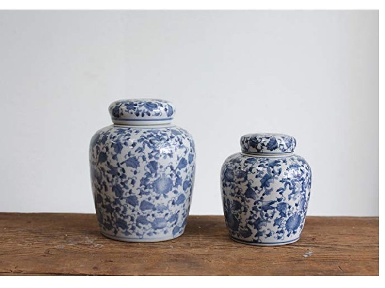 Set Of Two Ceramic Canisters Nutch Design Kitchen Decor Blue White Bookshelf Chinese Porcelain