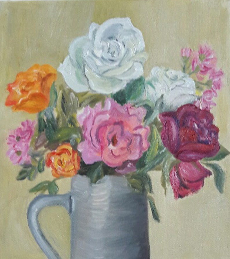 Roses Still Life, Original Oil Painting, Summer Bouquet, Oil on Canvas, Flower Oil Painting, Wall Art image 1