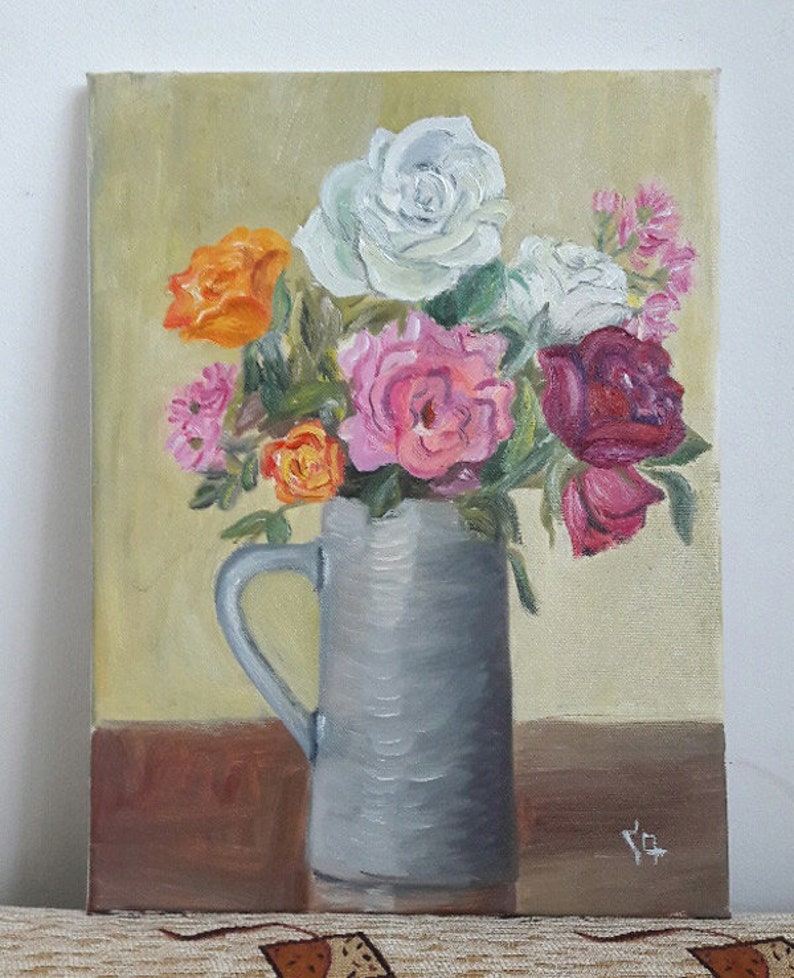 Roses Still Life, Original Oil Painting, Summer Bouquet, Oil on Canvas, Flower Oil Painting, Wall Art image 2