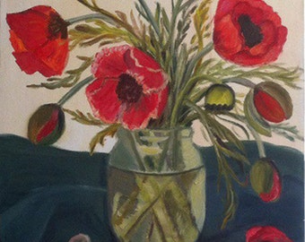 ポピーの絵画 オリジナルアート キャンバス 8x8、赤い花の油絵、娘から