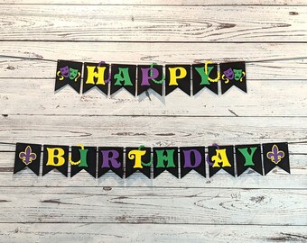 Mardi Gras Happy Birthday Banner - Masquerade Birthday Party - Fleur de Lis - NOLA Party