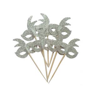 Silver Mardi Gras Mask Cupcake Toppers - Set of 12+ Masquerade Party, Birthday Party, Bachelorette Party Fun Decor - Die Cut