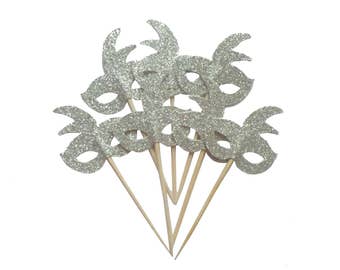 Silver Mardi Gras Mask Cupcake Toppers - Set of 12+ Masquerade Party, Birthday Party, Bachelorette Party Fun Decor - Die Cut