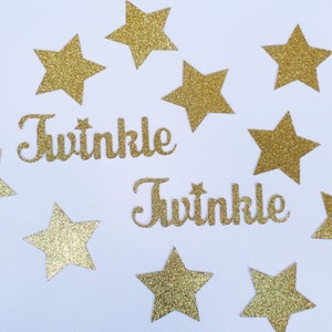 Twinkle Twinkle Little Star Large Confetti - 4&quot; Twinkle Word 2&quot; Stars (70 pieces) Gold Glitter - First Birthday, Baby Shower, Gender Reveal