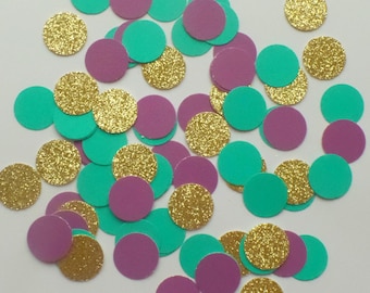 Small Sea Green, Purple and Gold Glitter circle confetti 5/8" (250 pieces) round, Decor, Wedding, Birthday, Under the Sea