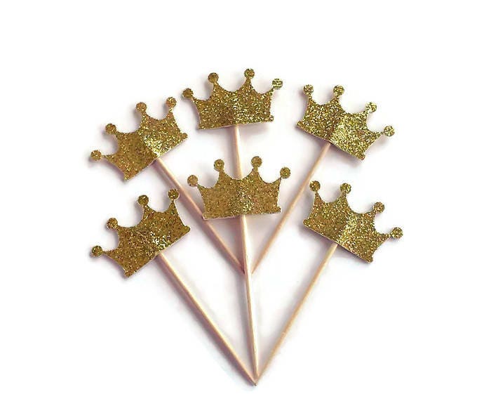 Prince / Princess Crown Gold Glitter Cupcake Toppers - Party Picks ...